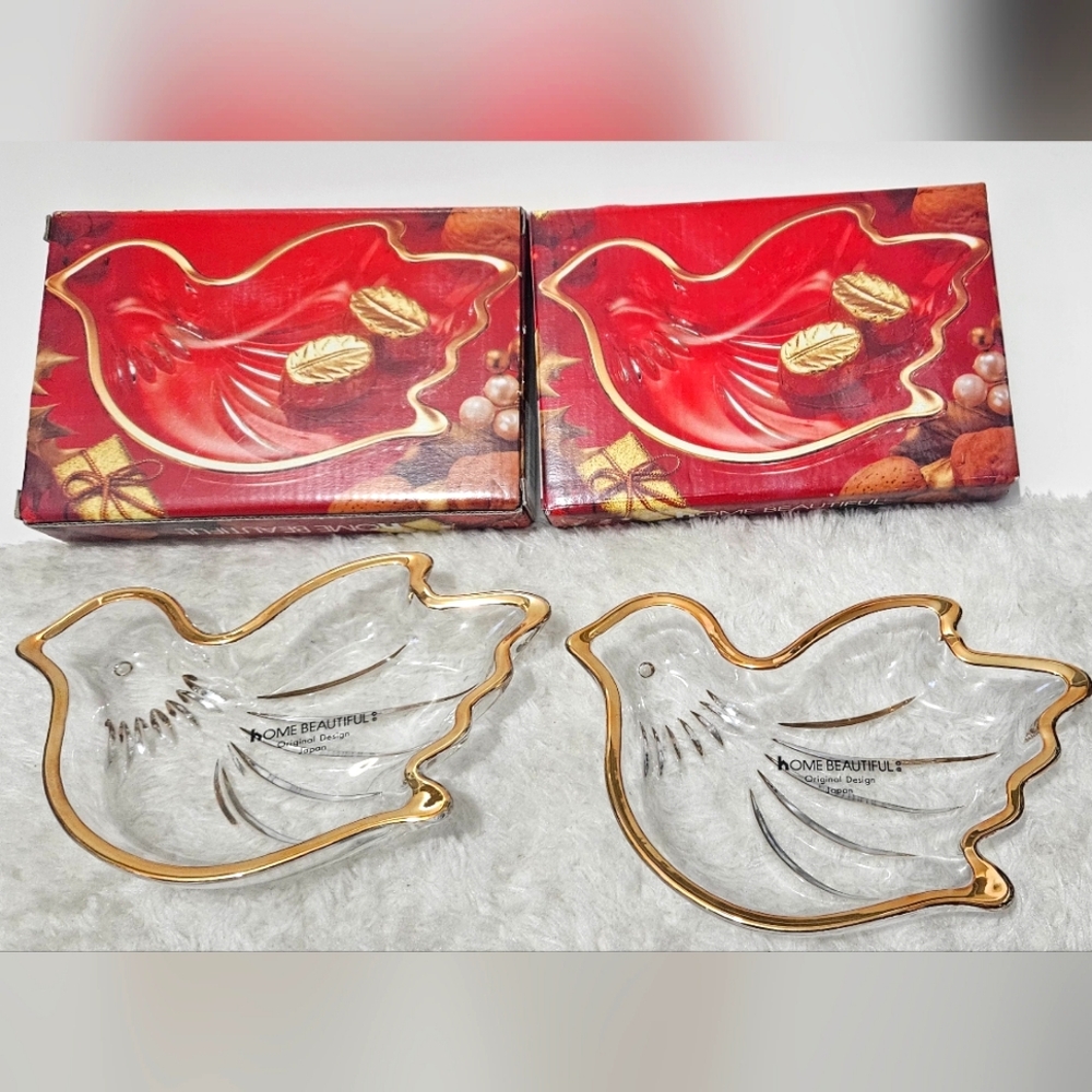 NEW Home Beautiful  Pair of Glass Peace Dove Bird with Gold Trim Candy Dish
